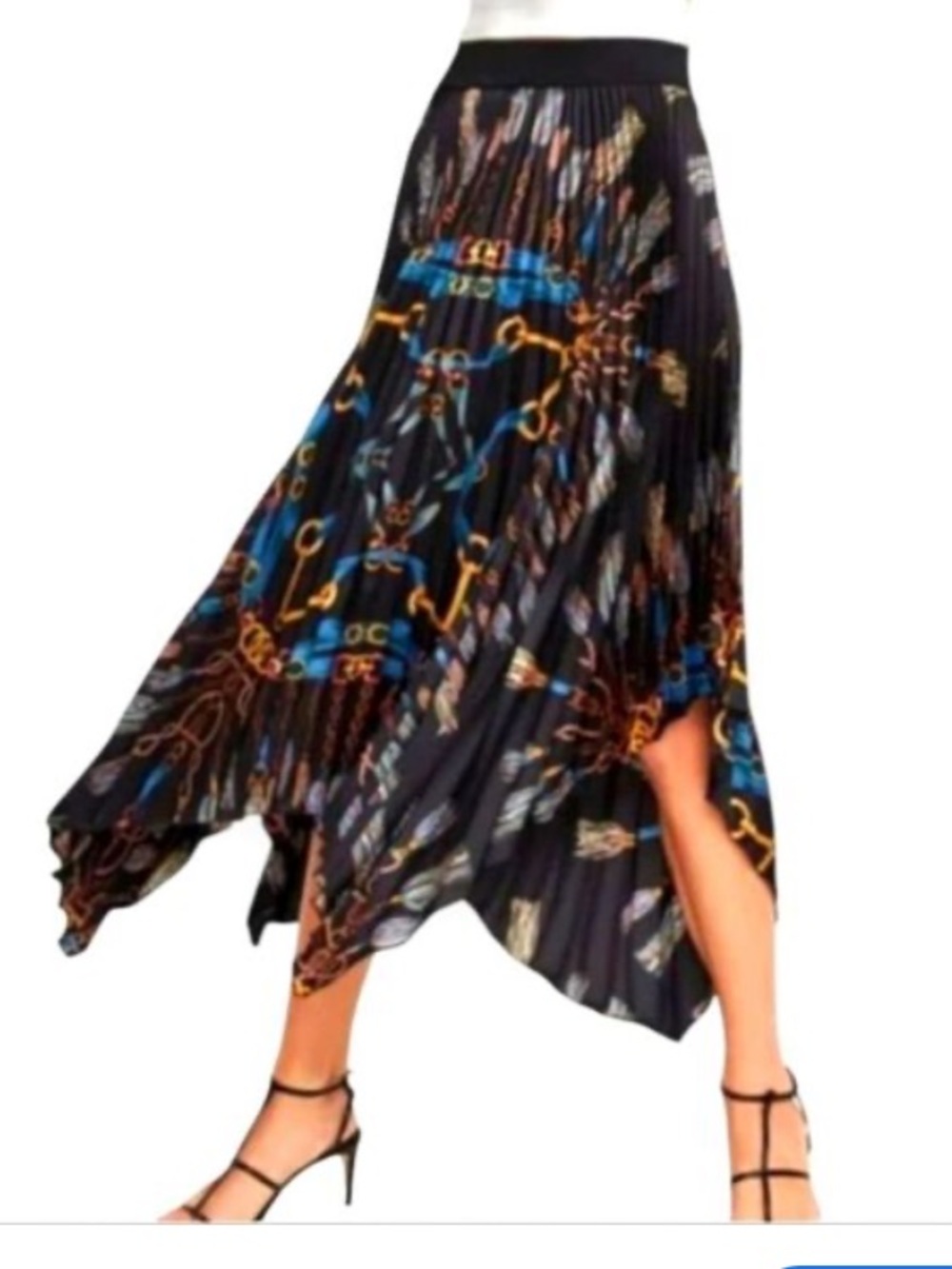 Zara Black Pleated High-Low Skirt with Blue & Gold Chain Print size Medium